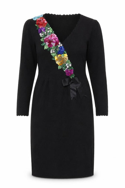Don Sayres Black Embroidered Dress Long Sleeve
