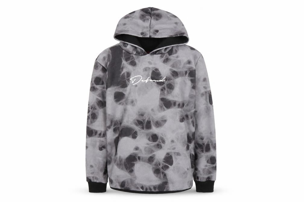 Front view of DFND boys’ grey pullover hoodie with logo, long sleeve, 11-12 yrs