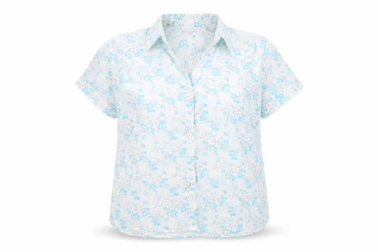 Front view of EWM Women's Blue Floral Button-Up Shirt, size 16