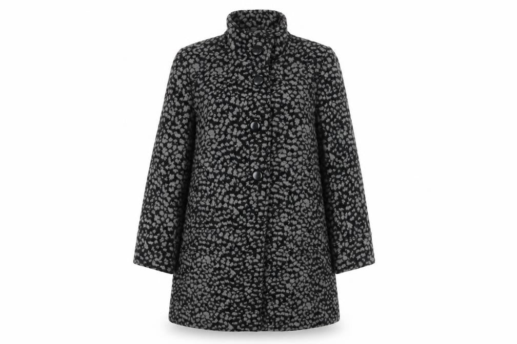 Front view of Roman Women's Black Animal Print Overcoat, size S
