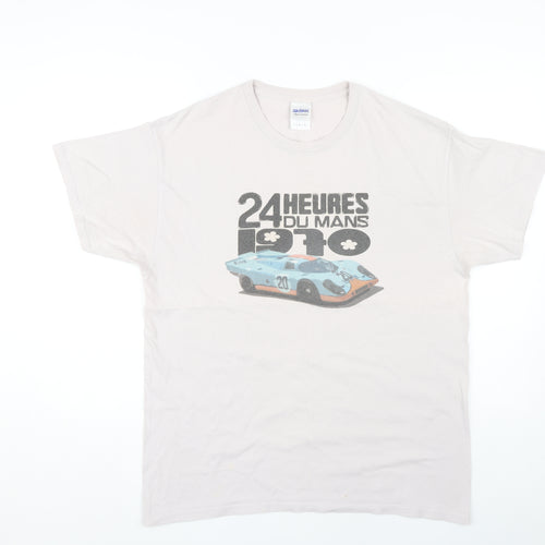 Gildan Men's Beige Car Print T-Shirt, Large, Classic Style