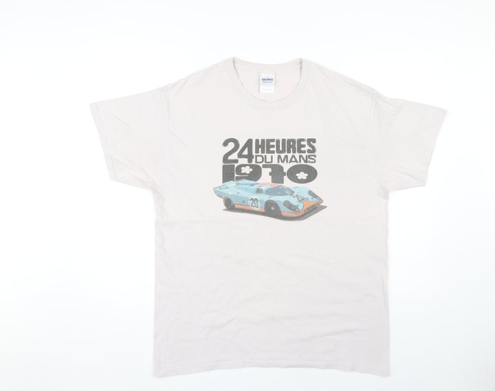 Gildan Men's Beige Car Print T-Shirt, Large, Classic Style