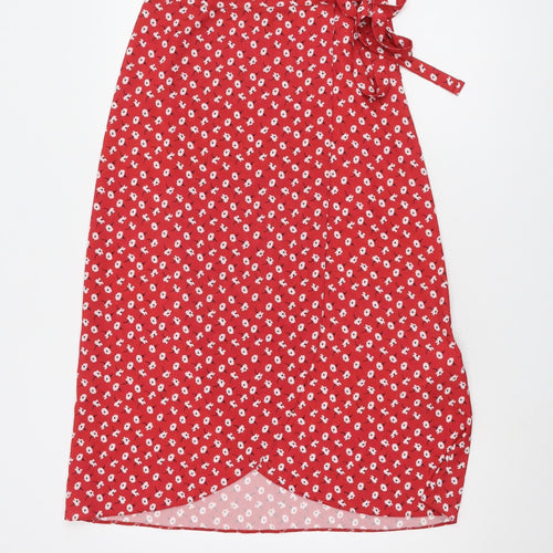 New Look Women's Red Floral Wrap Midi Skirt Size 6