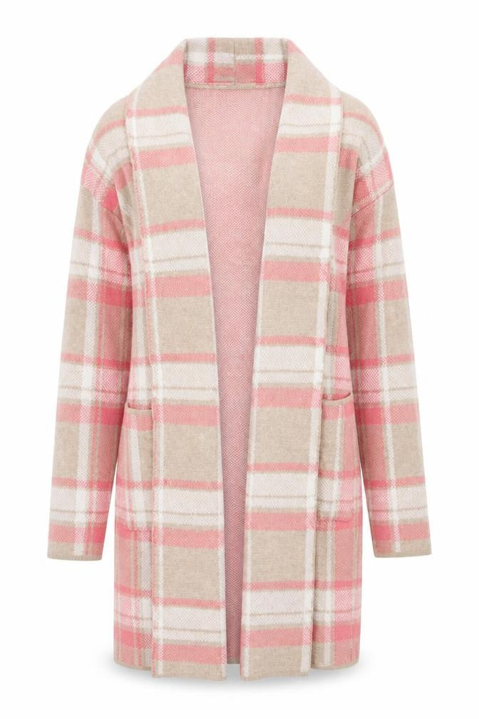 Front view of Max Studio Women's Pink Plaid Open Front Cardigan, size S