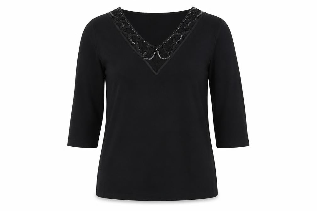 Front view of Wallis Women's Black 3/4 Sleeve Beaded Blouse, size 12