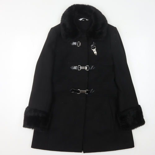 Debenhams Women's Black Overcoat with Fur Trim, Size 12
