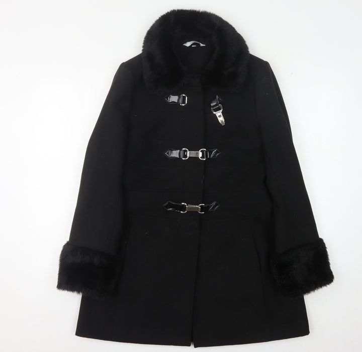 Debenhams Women's Black Overcoat with Fur Trim, Size 12