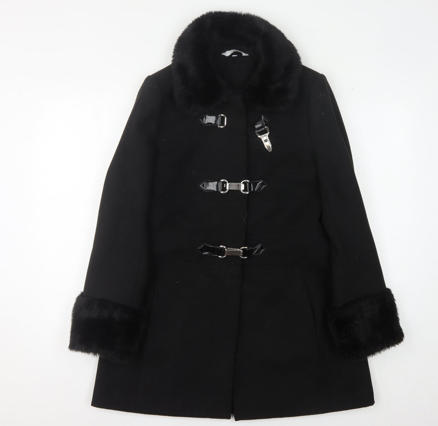 Debenhams Women's Black Overcoat with Fur Trim, Size 12