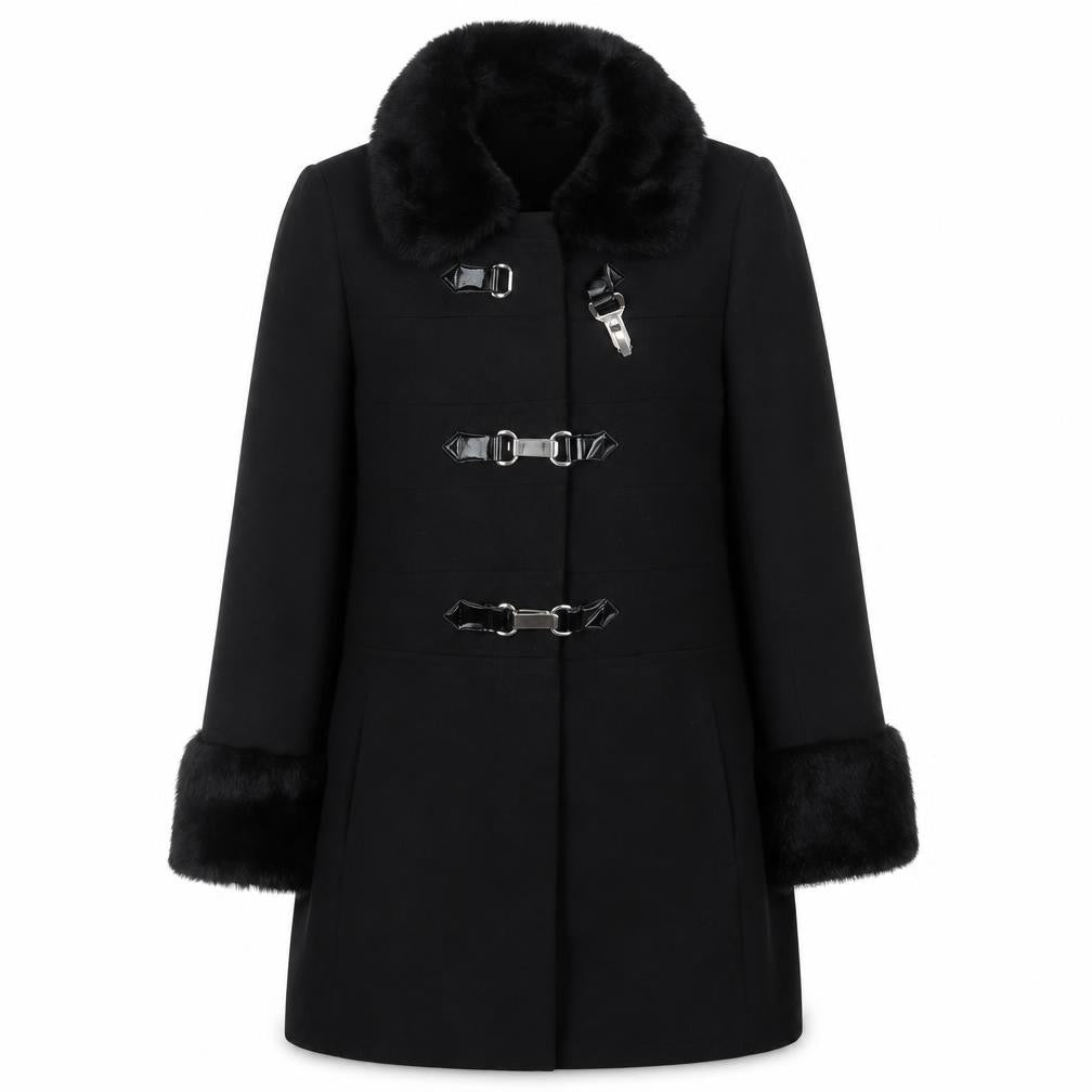Front view of Debenhams Women's Black Overcoat with Fur Trim, size 12