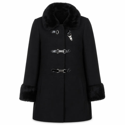 Front view of Debenhams Women's Black Overcoat with Fur Trim, size 12