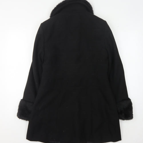 Debenhams Women's Black Overcoat with Fur Trim, Size 12