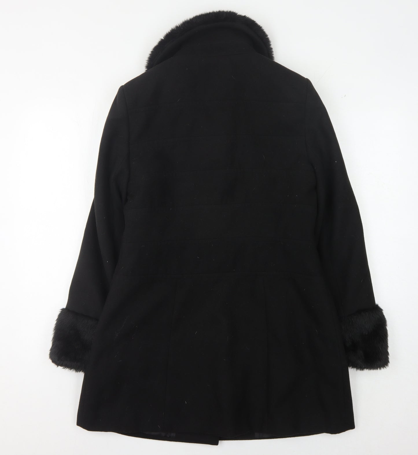 Debenhams Women's Black Overcoat with Fur Trim, Size 12