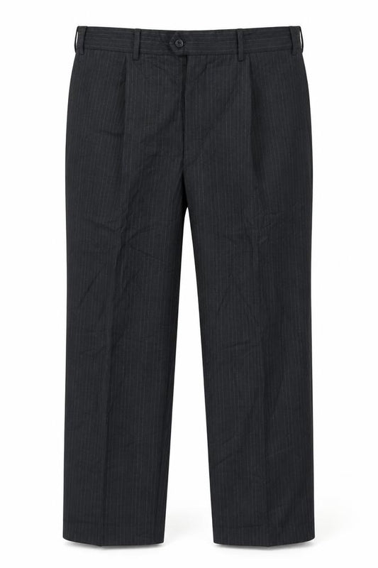Front view of DAKS Men's Black Wool Striped Trousers, 54S