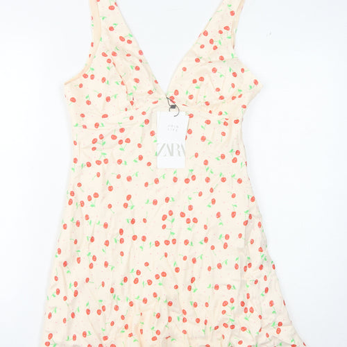 Zara Women's Floral V-Neck Dress M Multicoloured