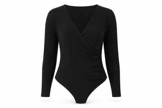 Front view of Warehouse Black V-Neck Bodysuit, Women, size 12, Casual Wear
