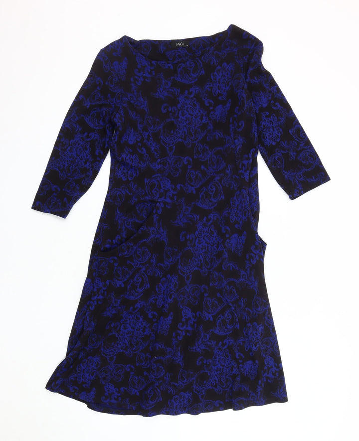 M&Co Women's Blue Floral Boat Neck Dress Size 14