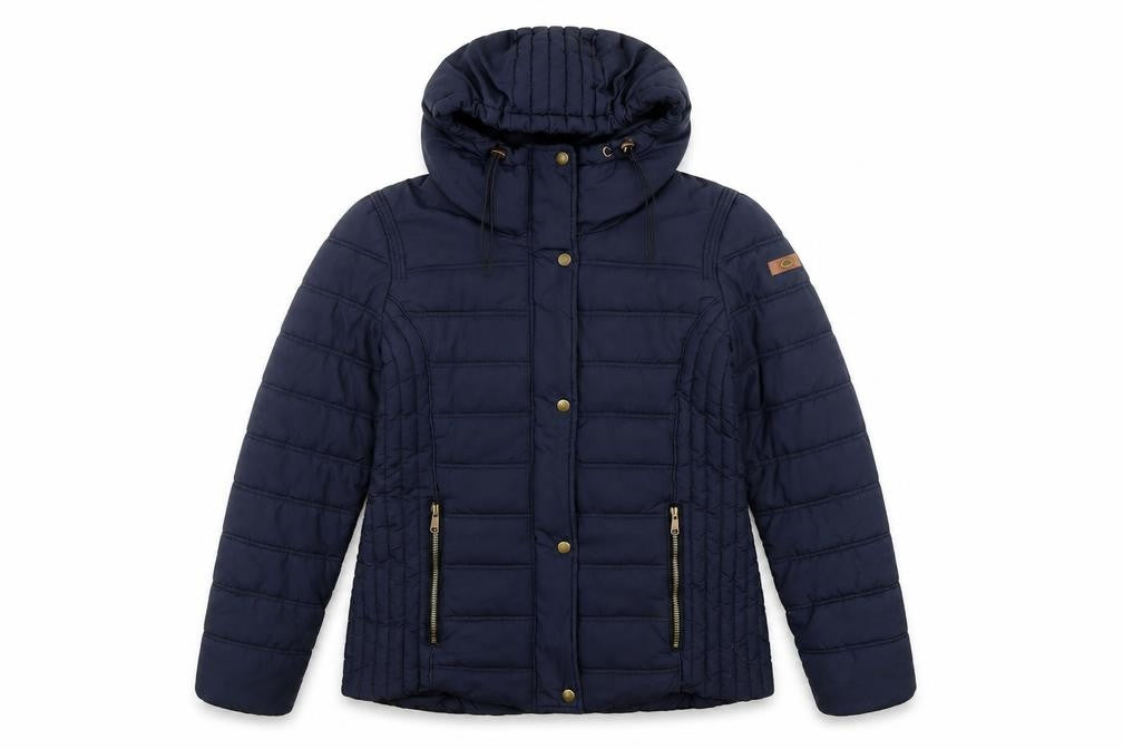 Front view of EDC Women's Blue Puffer Jacket M Hooded Zipped Pockets