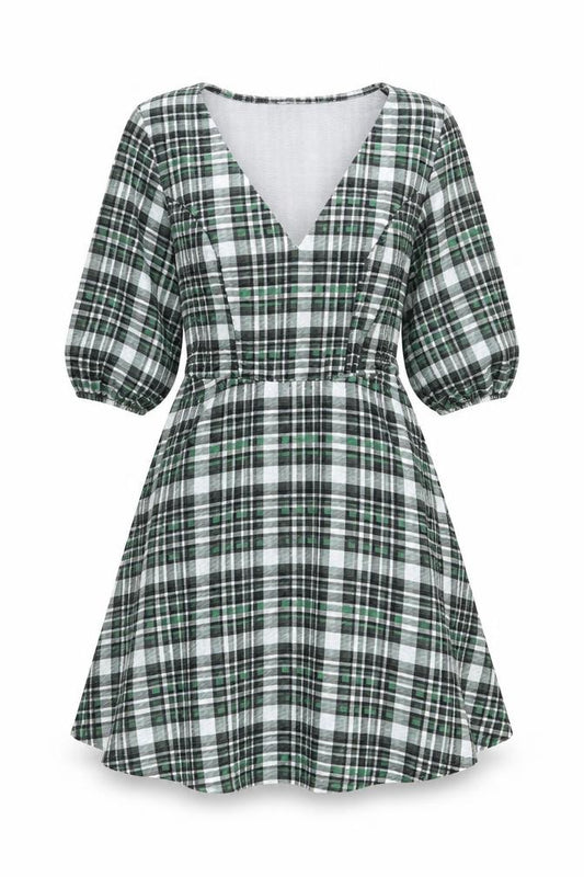 Front view of ASOS Design Women’s Multicoloured Plaid V-Neck Dress, size UK 8
