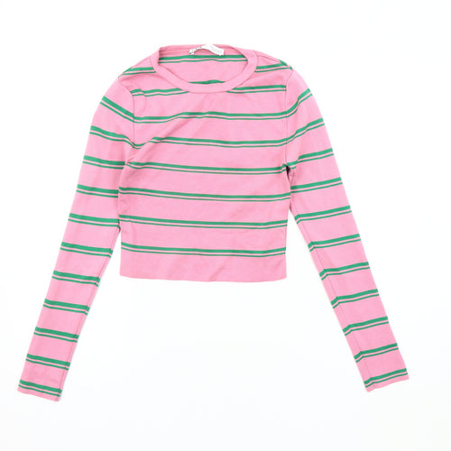 Zara Women's Pink Cropped T-Shirt, Size S, Long Sleeve