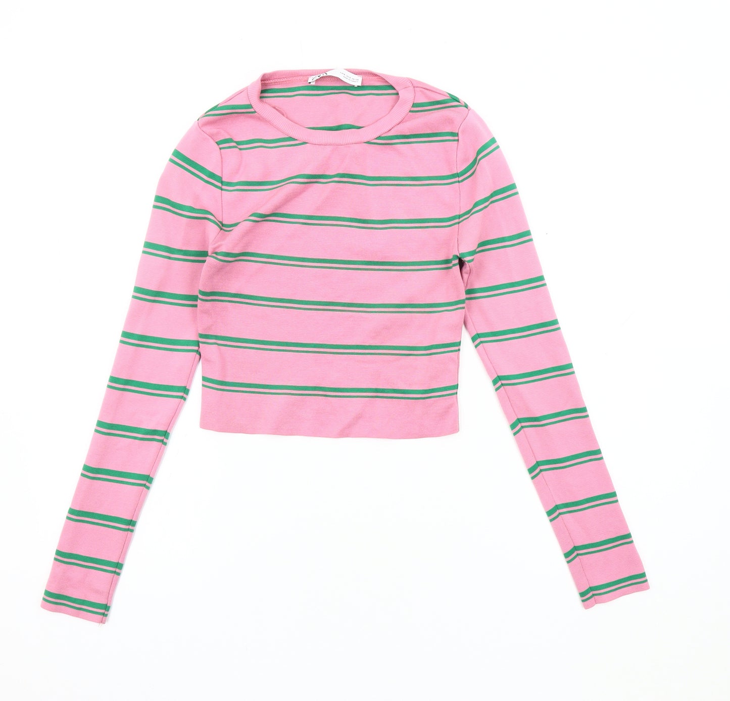 Zara Women's Pink Cropped T-Shirt, Size S, Long Sleeve
