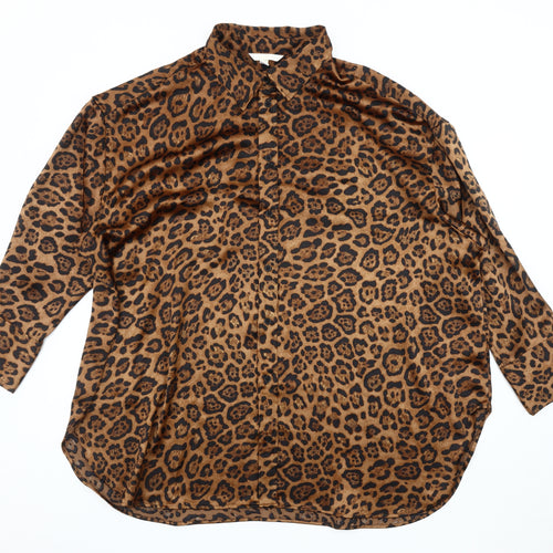 H&M Women's Brown Animal Print Button-Up Shirt L