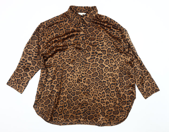 H&M Women's Brown Animal Print Button-Up Shirt L