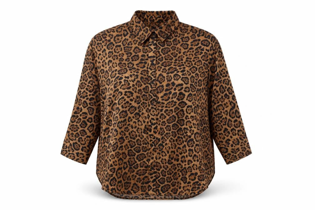 Front view of H&M Women's Brown Animal Print Button-Up Shirt L