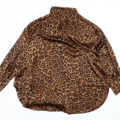 H&M Women's Brown Animal Print Button-Up Shirt L