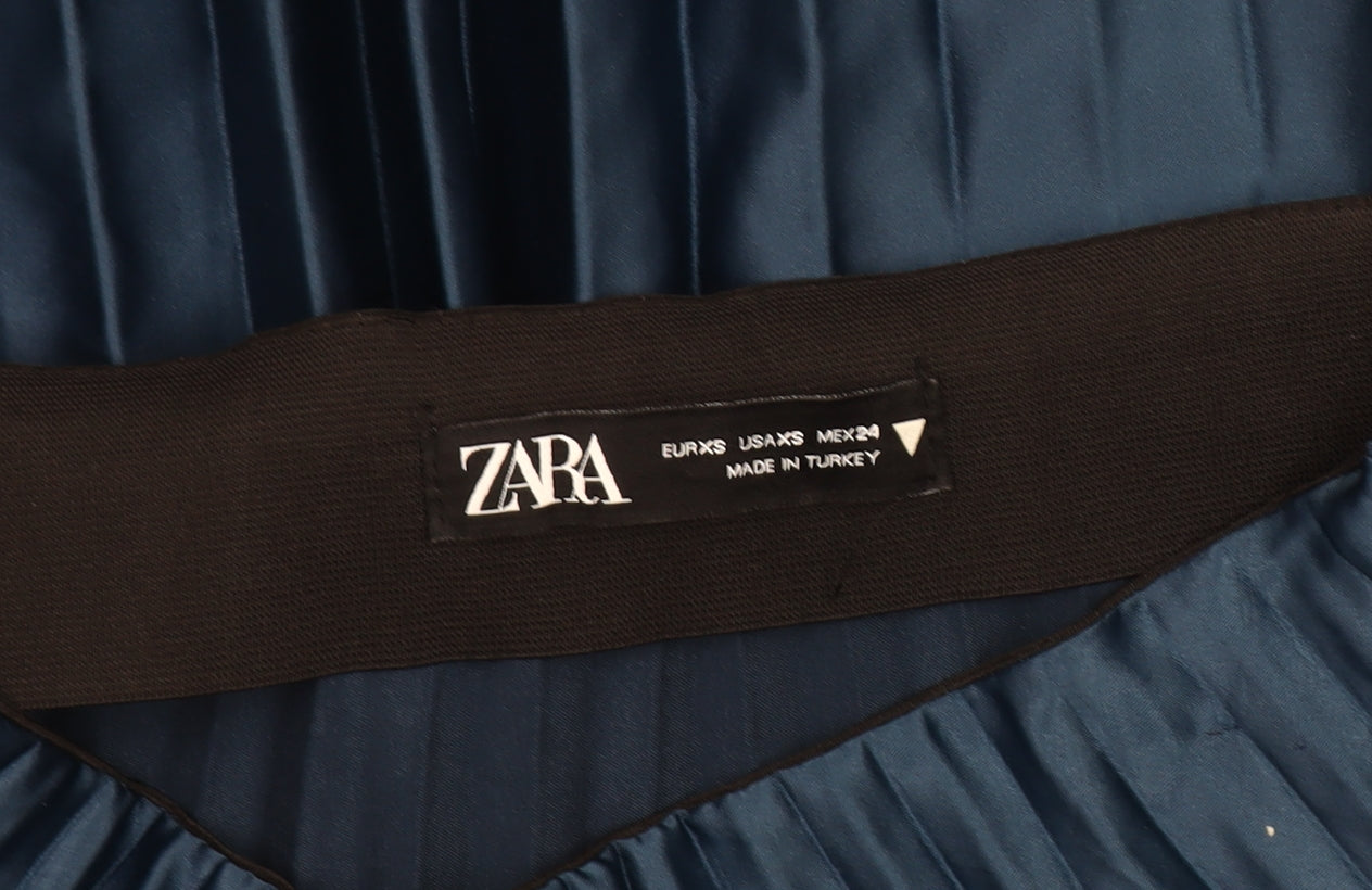 Zara Women's Blue Pleated Midi Skirt, Size 2XS