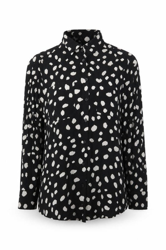 Front view of Collusion Women Black Animal Print Collared Shirt, size 8
