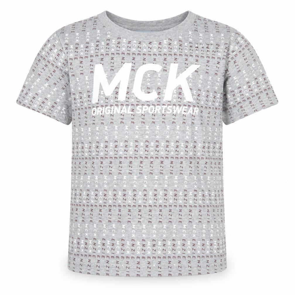 Front view of McKenzie boys’ grey logo t-shirt, size 4-5, years