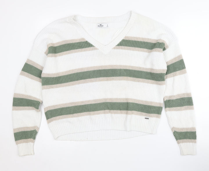 Hollister Women's Striped V-Neck Jumper Size S