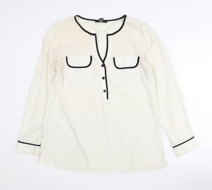 Alfani Women's Ivory Blouse Size 10 V-Neck Button Accent
