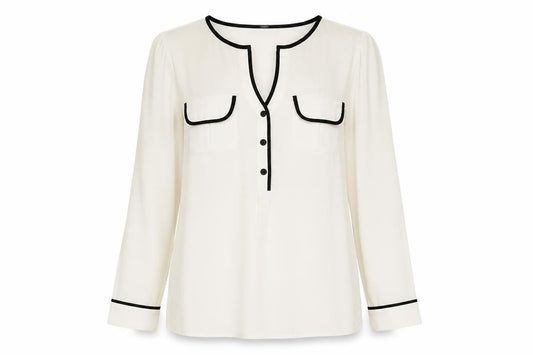 Front view of Alfani Women's Ivory Blouse, size 10, V-Neck Button Accent