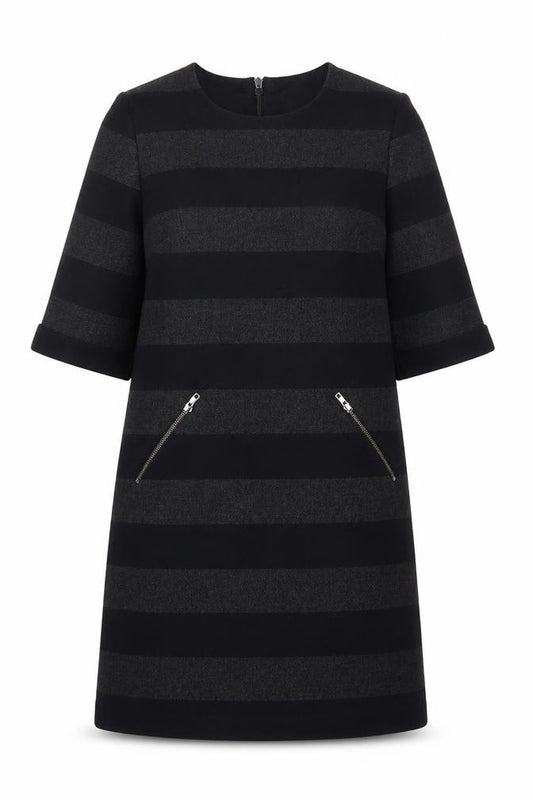 Front view of Phase Eight Women's Black Striped Shift Dress, size 12