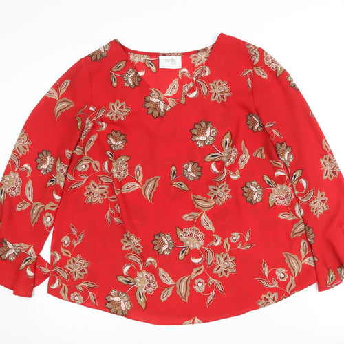 Wallis Red Floral Blouse, Size 16, 3/4 Sleeve, Petite