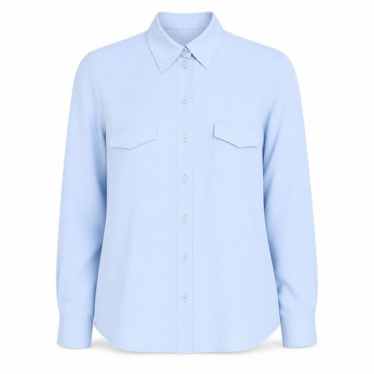 Front view of Basler Women's Blue Button-Up Shirt, size 14, Long Sleeve