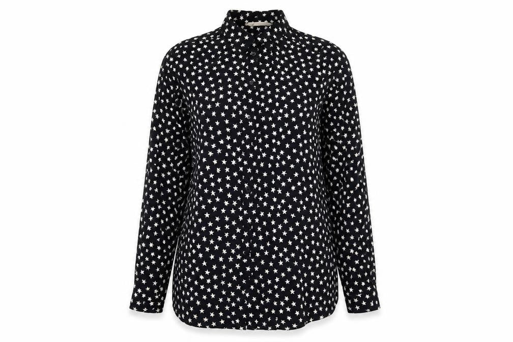 Front view of H&M Women's Black Star Blouse, size 12, Button-Up