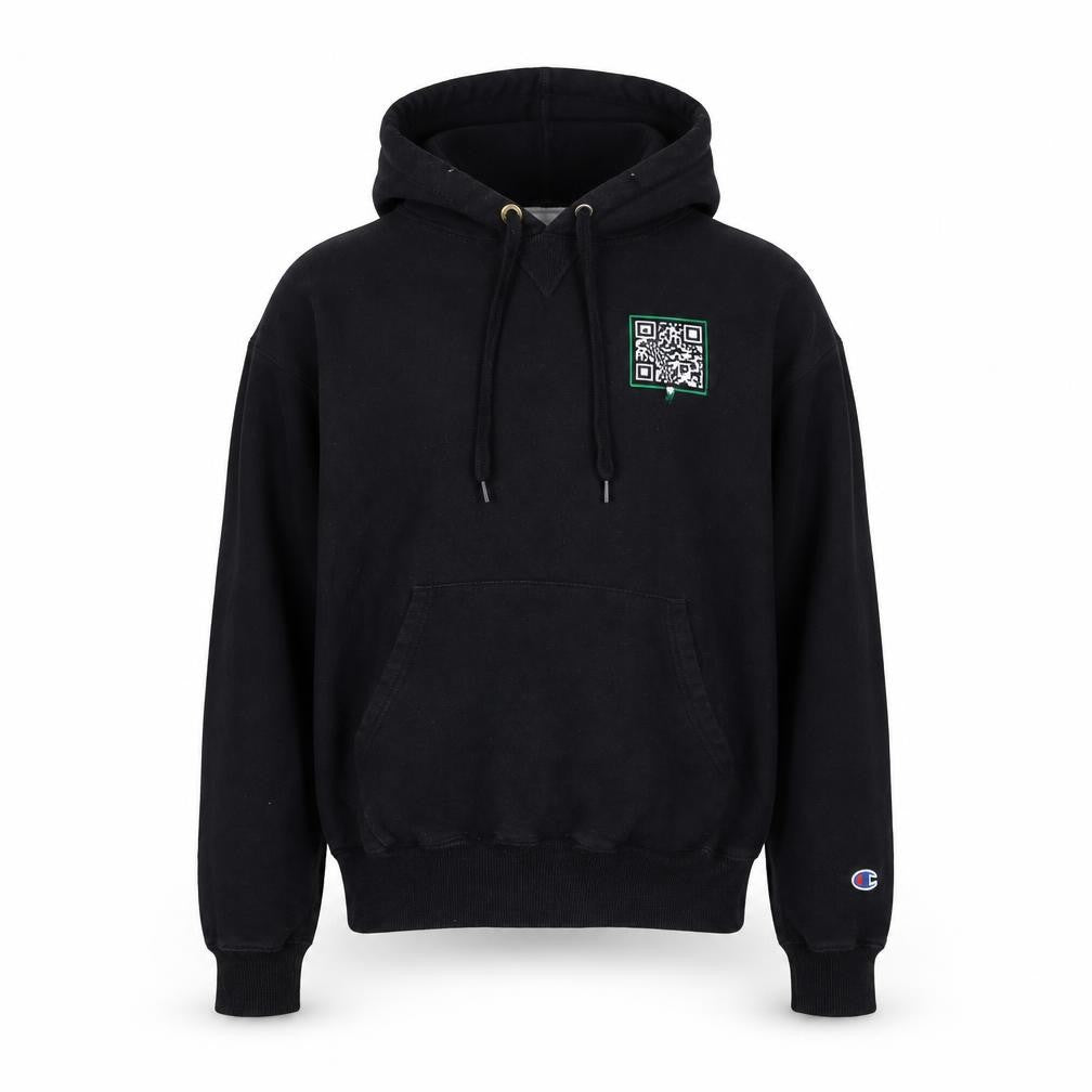 Front view of Champion Men's Black Pullover Hoodie, size S, Logo Accent