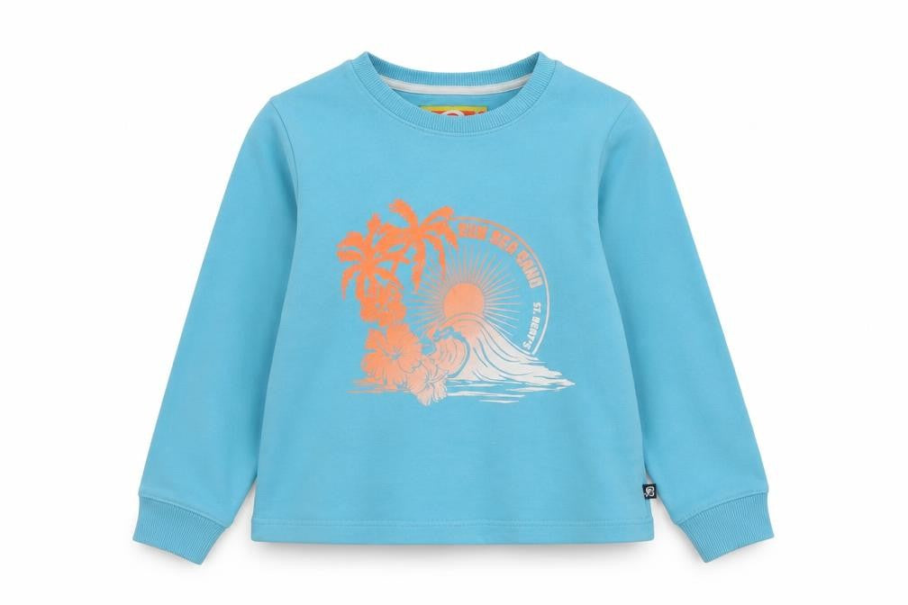 Front view of St. Bert's girls’ blue pullover sweatshirt 9-10 years - graphic beach
