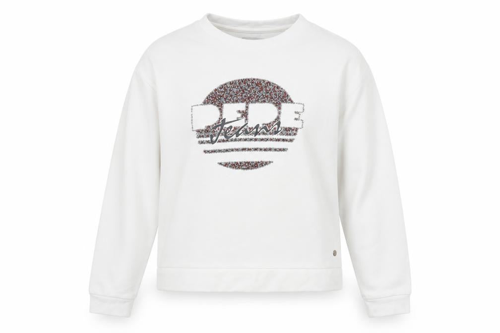 Front view of Pepe Jeans Women's White Pullover Sweatshirt, size M