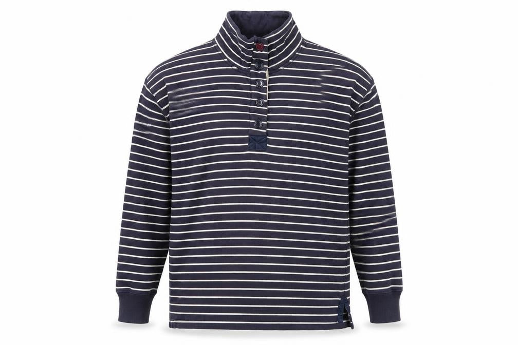 Front view of Joules unisex blue striped henley sweatshirt l