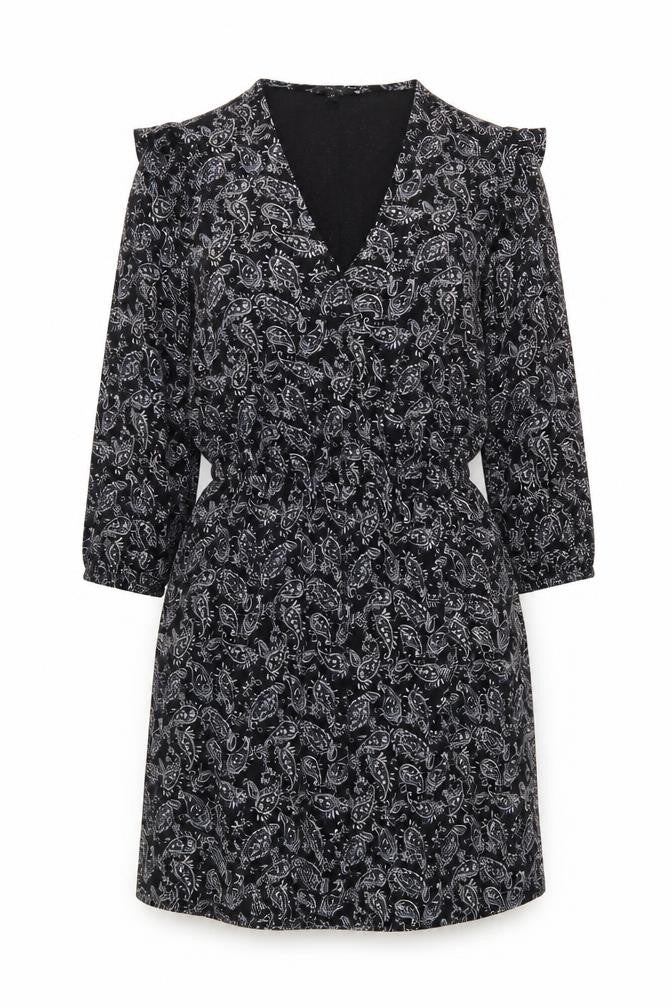 Front view of Next Women's Black V-Neck Paisley Dress, size 14