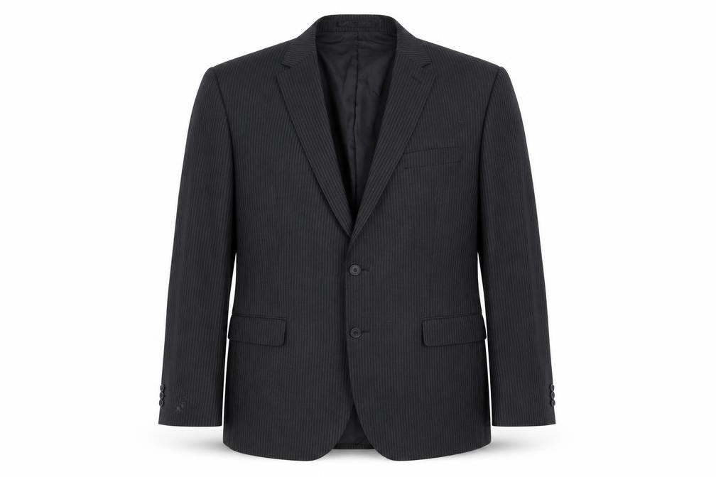 Front view of Karl Jackson Men's Grey Striped Blazer 44 Long