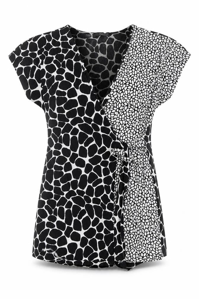 Front view of M&Co Women's Black Animal Print Wrap Blouse, size 8
