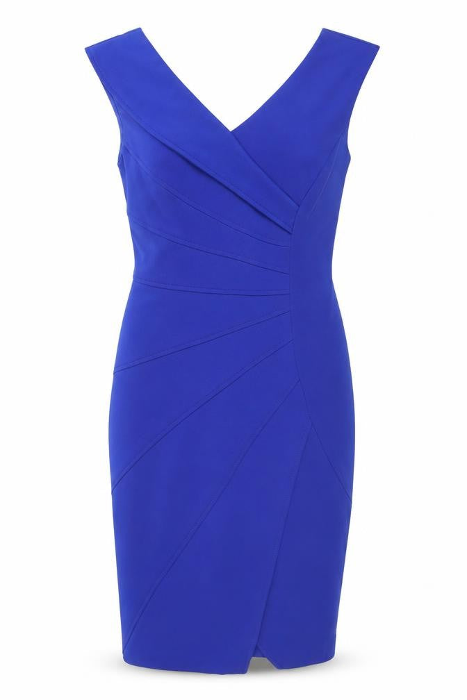 Front view of Maggie London Women's Blue Sheath Dress, size 10