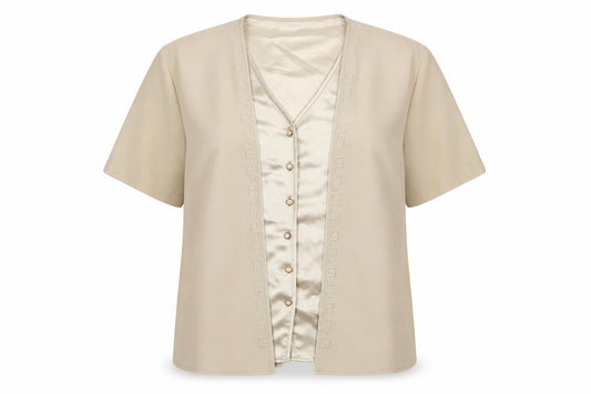 Front view of Berkertex Beige Women's Button-Up Blouse, size 18, Short Sleeve