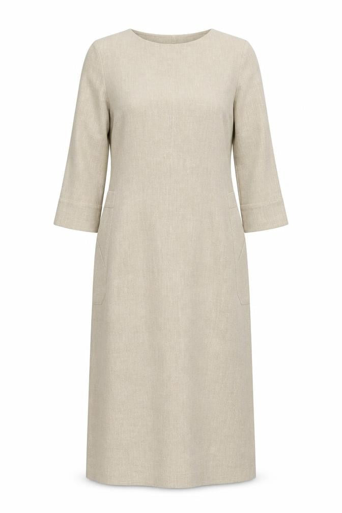Front view of LUIS CIVIT Women's Beige Knee Length V-Neck Dress