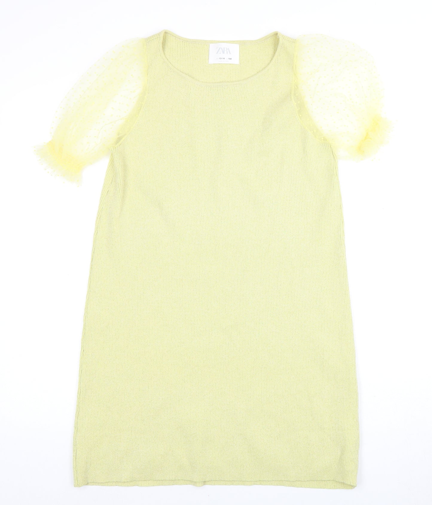 Zara Girls Green Knit Puff Sleeve Shift Dress 13-14 Years