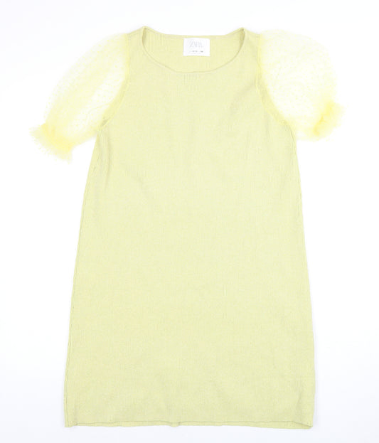 Zara Girls Green Knit Puff Sleeve Shift Dress 13-14 Years